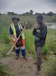Rudo Violet Denga, one of RUFORUM's PhD students, conducting fieldwork in Bulangililo, along the Kafue River, Kitwe, Zambia